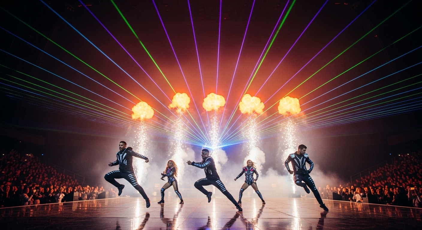 강렬한 오프닝 무대와 폭죽 효과가 어우러진 공연 장면