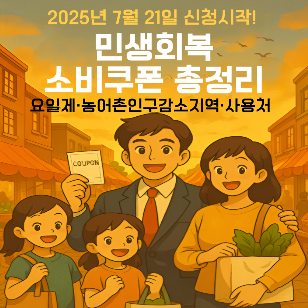2025년 민생회복 소비쿠폰 신청 7월 21일부터 요일제 시작, 농어촌인구감소지역 사용처 총정리 이미지, 25만원 지원금 추가지급 대상, 최신 정부 정책 안내