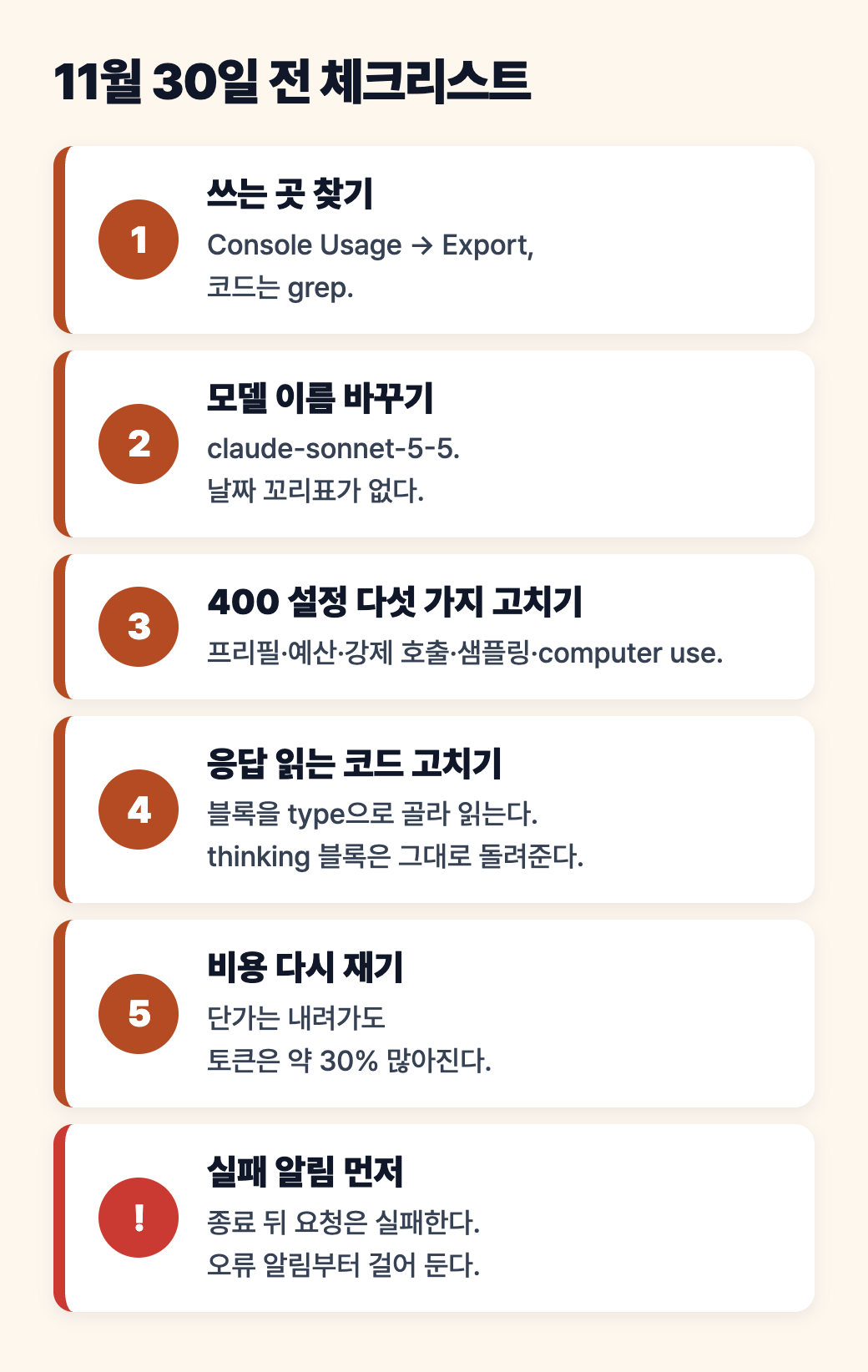 11월 30일 전 체크리스트: 쓰는 곳 찾기, 모델 이름 바꾸기, 400 설정 고치기, 응답 읽는 코드 고치기, 비용 다시 재기, 종료 후 오류 대비