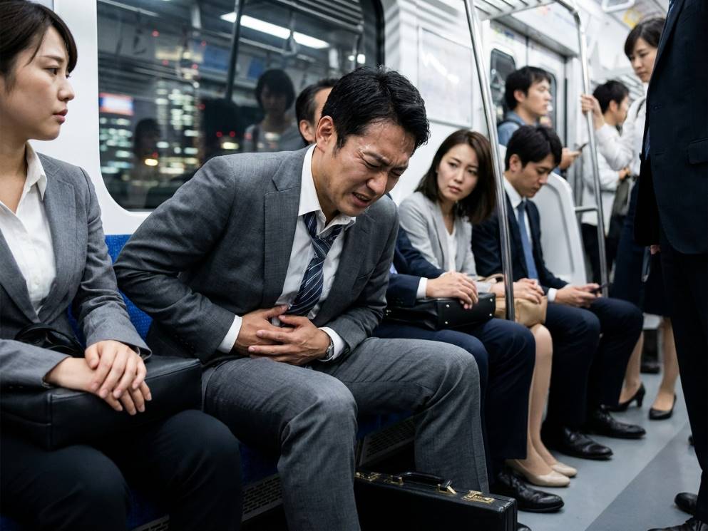 출근길 지하철 안에서 복통을 참으며 이마를 짚고 있는 직장인의 모습