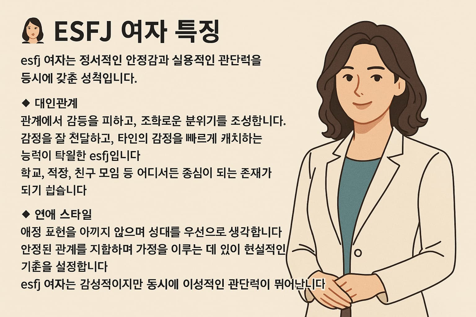 ESFJ 여성의 특징을 설명하는 인포그래픽, 친절한 표정의 여성이 흰색 재킷을 입고 서 있는 모습과 함께 주요 성격 요약 텍스트 포함