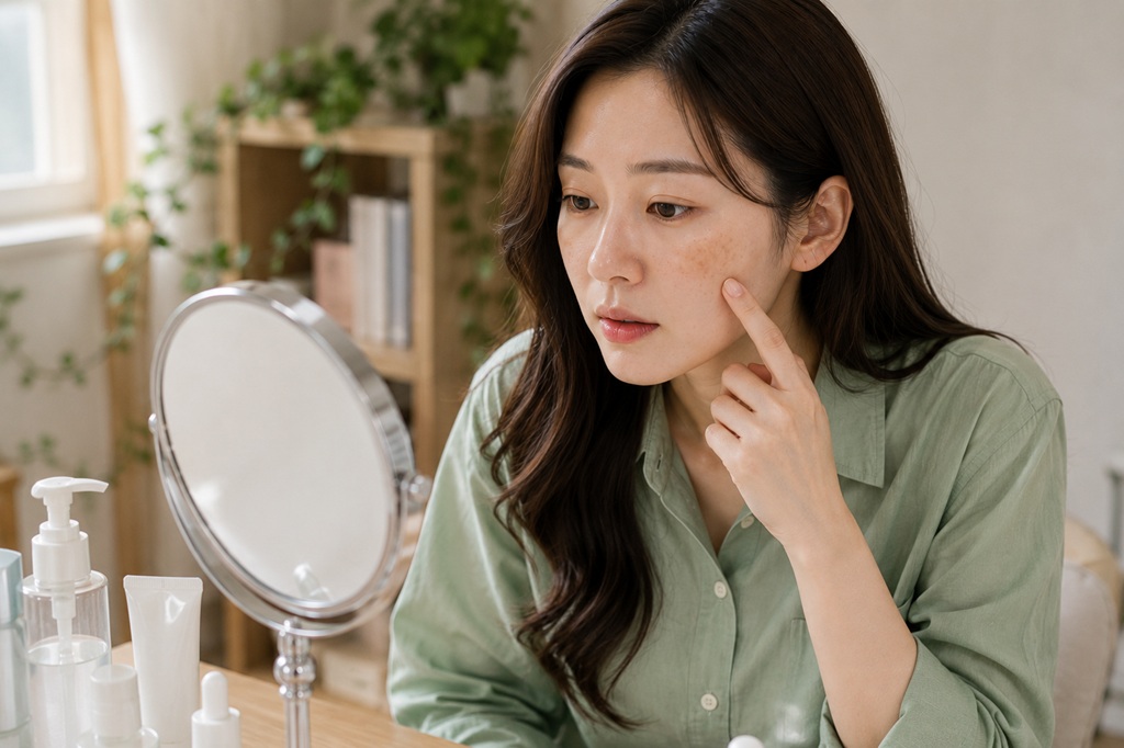 거울을 보며 볼 쪽 색소와 간반을 확인하는 자연스러운 분위기의 여성 모습