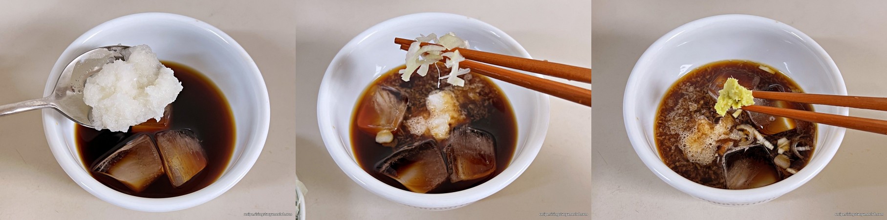 판모밀국수를 찍어 먹을 소스에 고명(무, 파, 고추냉이) 넣는 사진