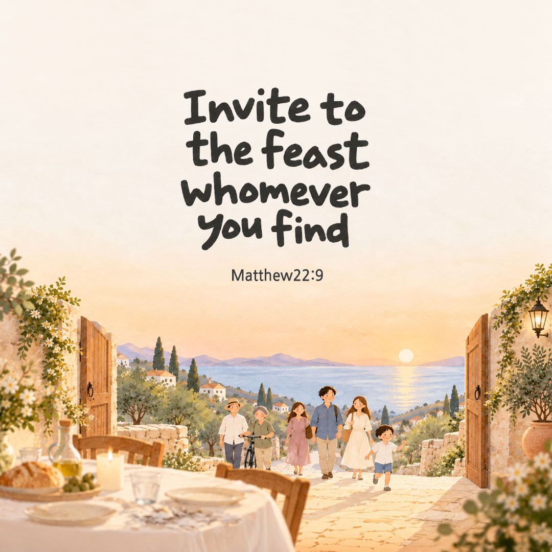 Invite to the feast whomever you find. (Matthew22:9) English Bible verse card