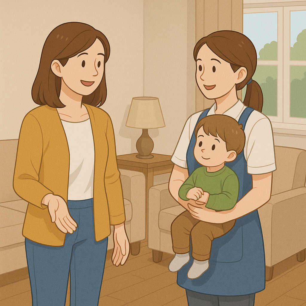 아이돌보미가 아이를 안고 부모와 상담하는 따뜻한 거실 풍경을 담은 정부 아이돌봄서비스 일러스트