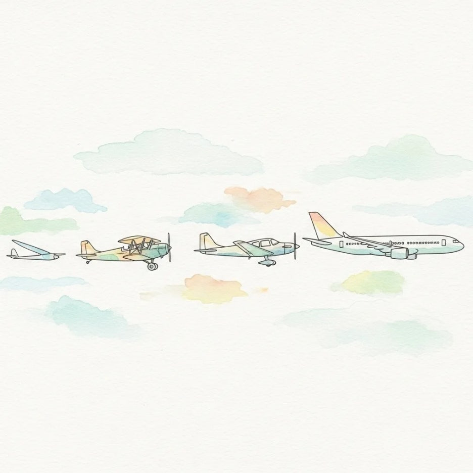 비행 훈련의 단계를 보여주는 항공기들