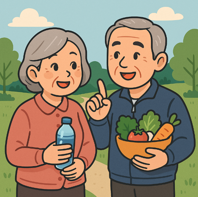 중년 부부가 건강을 위해 물과 신선한 채소를 들고 산책하는 모습