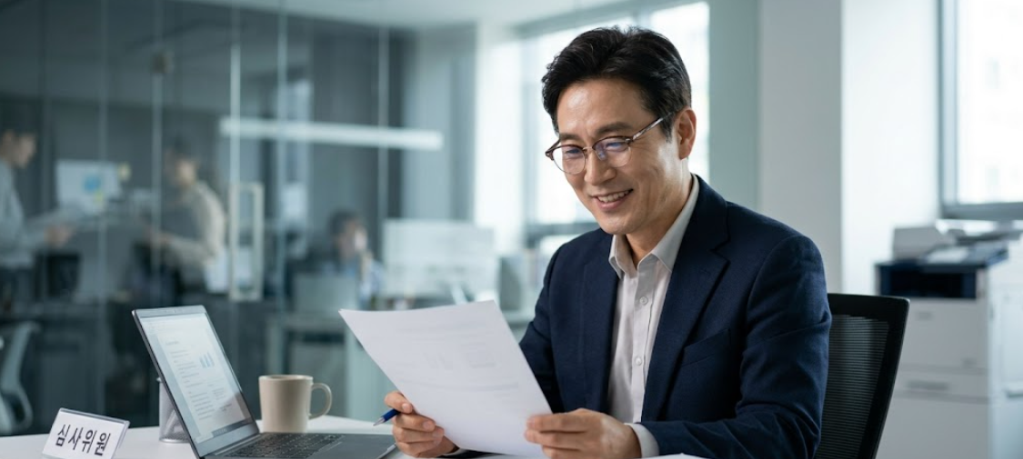 심사위원이 서류를 검토하며 긍정적인 미소를 지으며 고개를 끄덕이는 모습