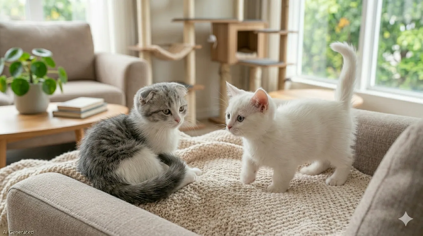 고양이 꼬리언어 - 꼬리를 바짝 세워 친근감을 표시하는 하얀색 먼치킨과 옆에서 관찰하는 스코티쉬폴드