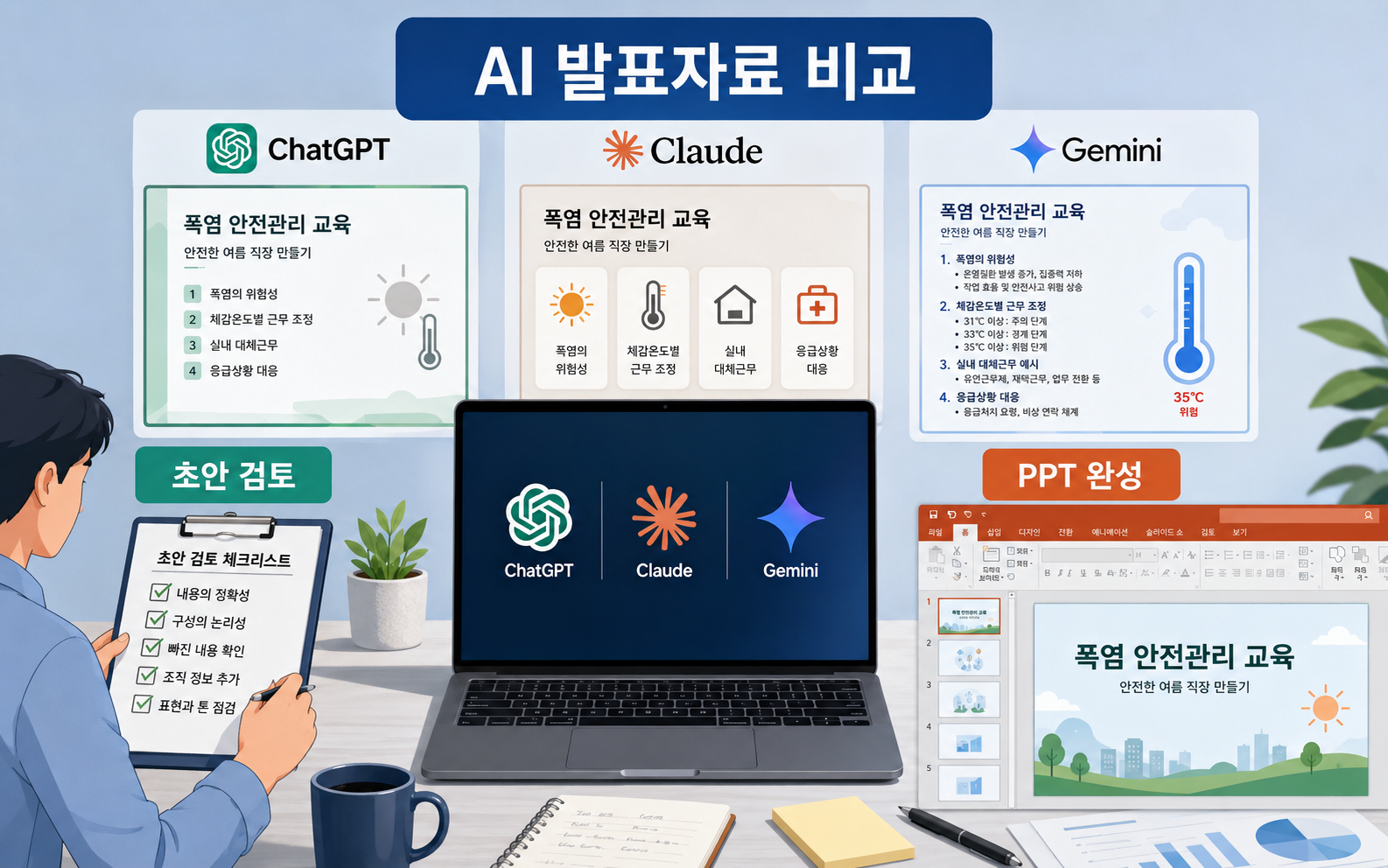 노트북 화면에 세 가지 AI 로고가 표시되고 주변에 발표자료 초안들이 배치되어 있으며, 한쪽에서는 사람이 체크리스트와 함께 콘텐츠를 검토하고 있는 업무 공간 일러스트레이션