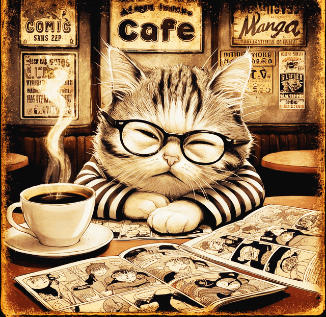 고양이가 만화 카페에 앉아 만화책을 펼치고 두눈을 감고 졸고 있다. 책 옆에는 뜨거운 김이 나는 블랙커피가 있다.