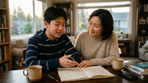 고2 문과 학과 선택을 위해 적성과 진로를 고민하며 대화하는 엄마와 아들