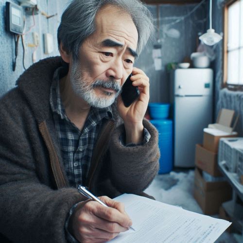 저소득층 노인이 추운 집에서 통화를 하고 있다