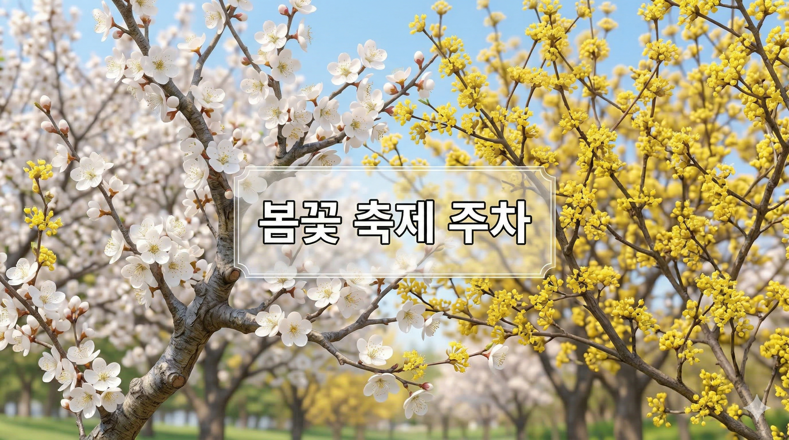 하얀 매화와 노란 산수유꽃 배경에 '봄꽃 축제 주차'라는 한글 문구가 중앙에 적힌 3D 일러스트