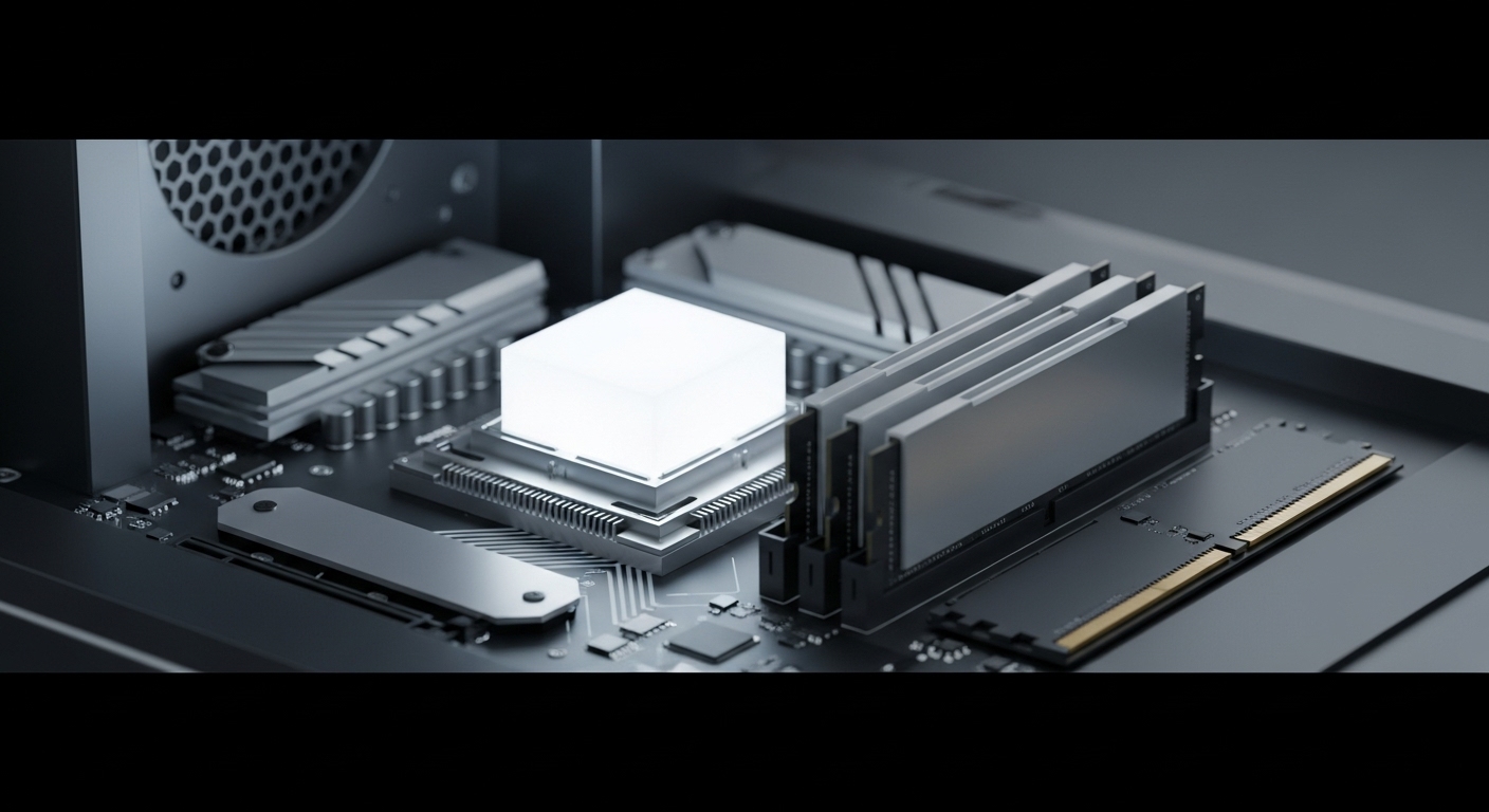 컴퓨터 내부의 CPU, RAM, SSD가 각각 강조되어 빛나고 있는 모습을 보여주는 하드웨어 기본 용어 설명 이미지.