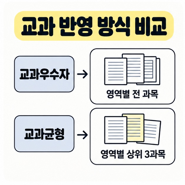 교과우수자는 영역별 전 과목을 교과균형은 영역별 상위 3과목을 반영한다는 과목 묶음 비교 도식