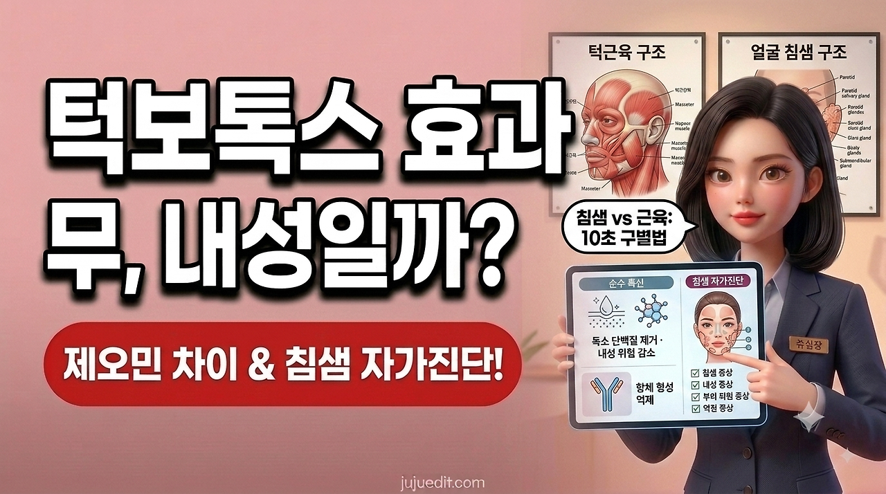 턱보톡스 효과가 없을 때 내성과 침샘 비대증의 차이 및 제오민 제제의 특징을 다룬 안내 이미지