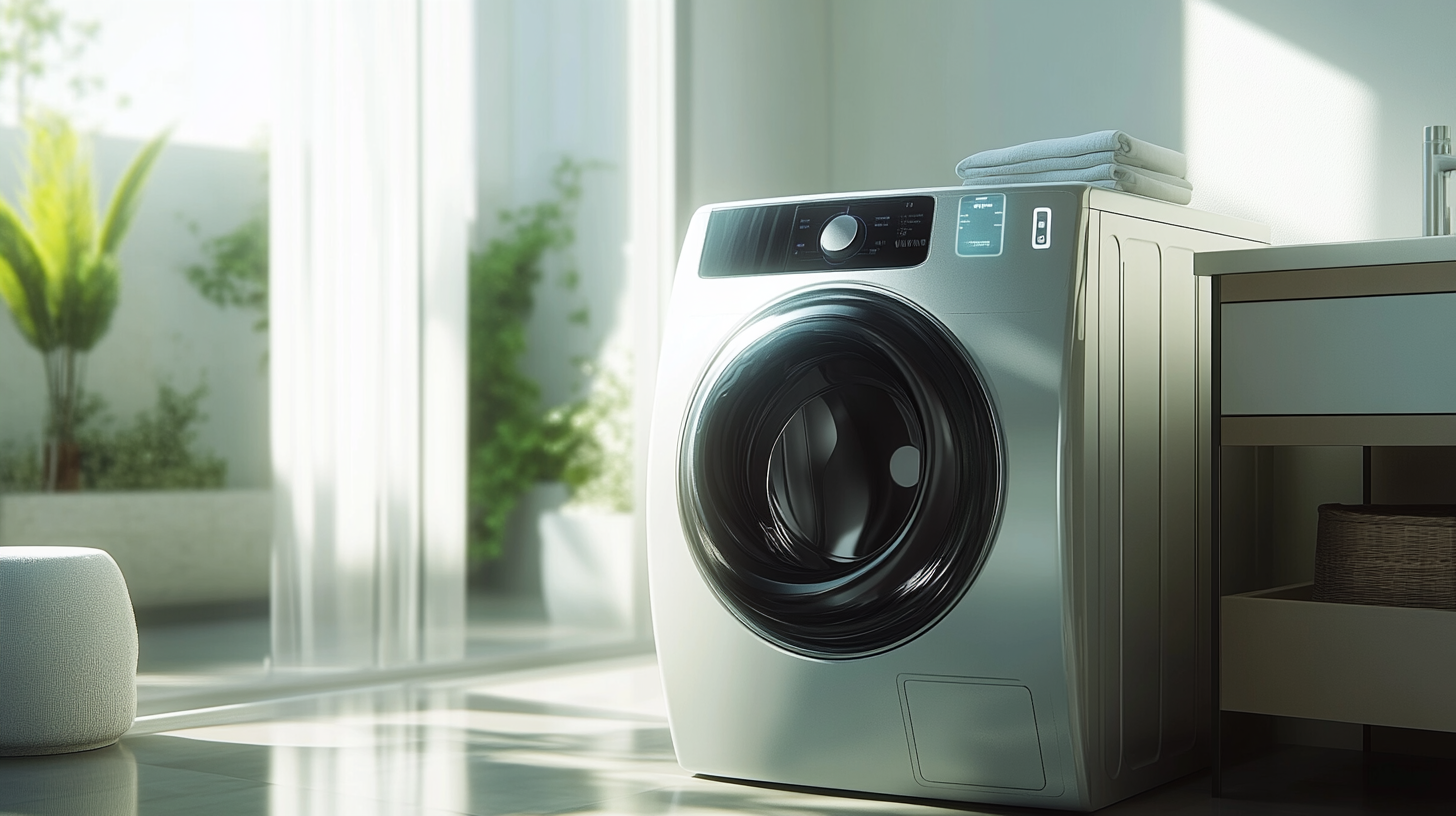 삼성 세탁기 AI 기능을 갖춘 최신 세탁기가 현대적이고 깔끔한 세탁실에 배치된 모습. 창문을 통해 부드러운 햇빛이 들어오는 환경.