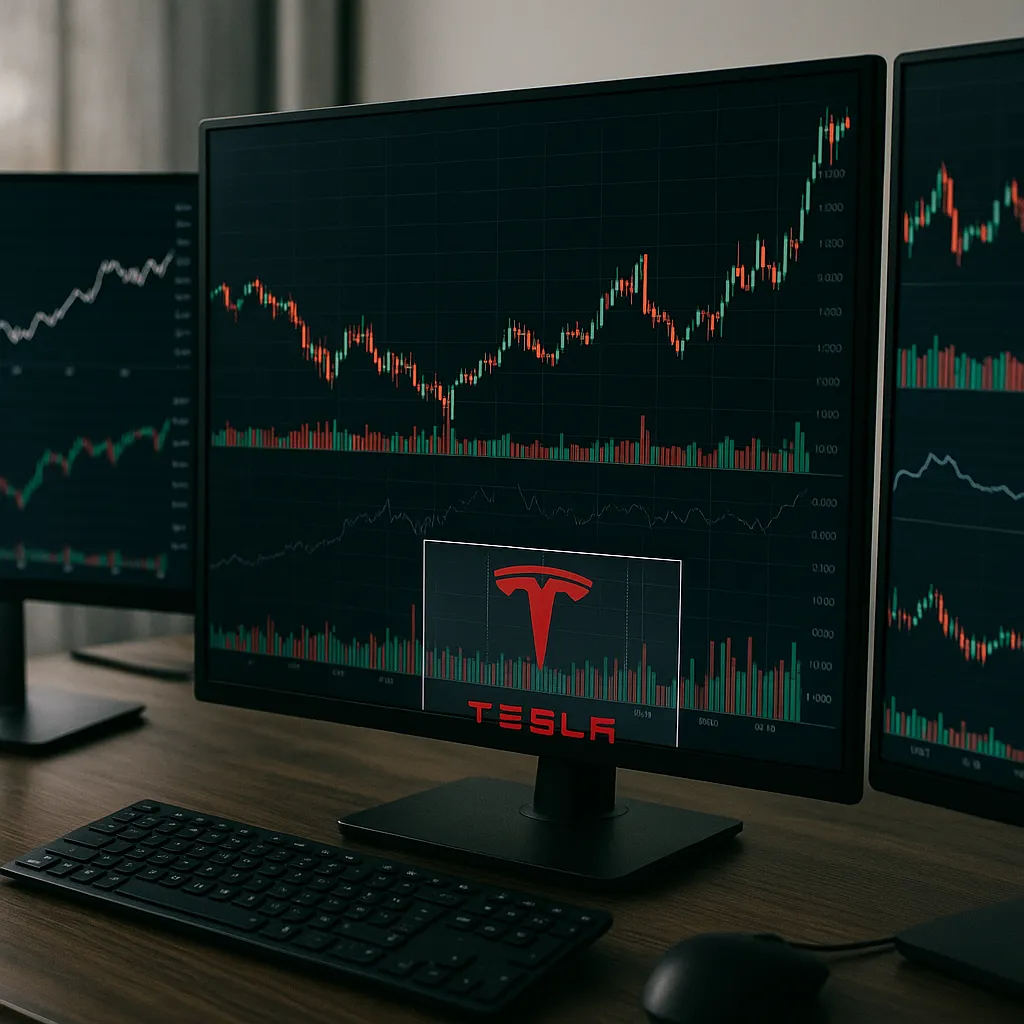 여러 모니터에 표시된 테슬라 주가 분석 화면