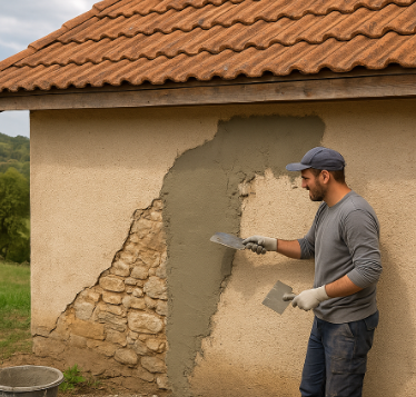 시골 농가주택 벽체 수리 장면으로, 작업자가 낡은 외벽의 균열 부위를 모르타르로 메우며 벽체를 보강하는 모습. 주변에는 작업 도구와 양동이가 놓여 있고 배경에는 초록빛 들판이 펼쳐져 있다.