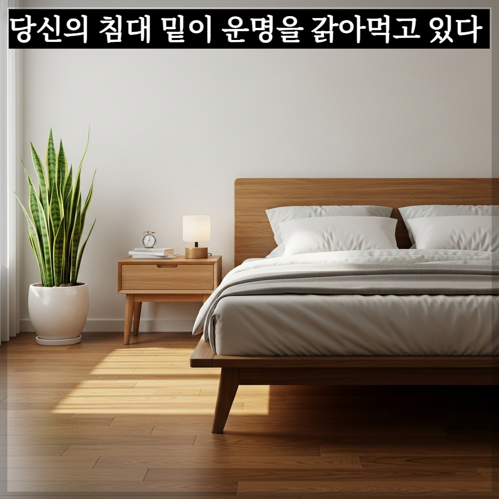 풍수적으로 이상적인 배치를 한 현대적인 한국 아파트 침실 인테리어. 침대 아래 공간이 비어 있어 기운의 순환이 원활한 모습