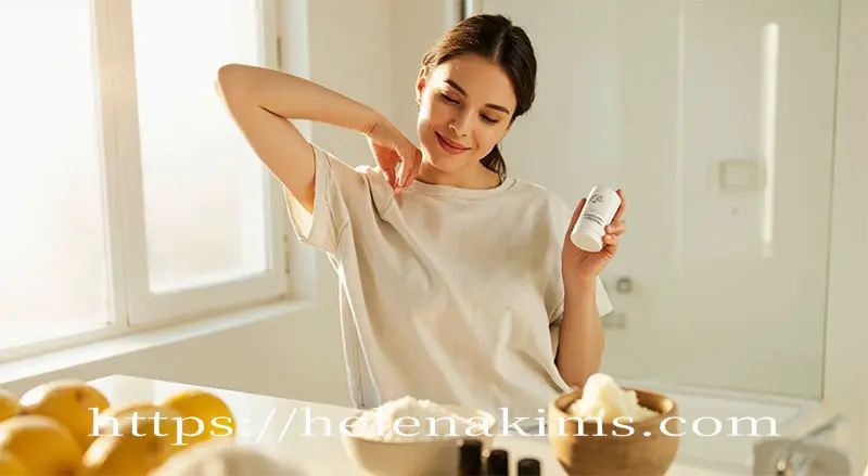 여성이 땀냄새 제거를 위해 천연 탈취제를 만들어 겨드랑이에 바르려 하는 모습, 옆에는 레몬과 베킹소다, 코코넛 오일 등이 놓여있는 이미지