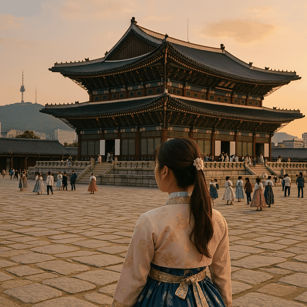 해 질 무렵 경복궁 앞마당에서 한복을 입은 여성이 궁궐을 바라보고 있는 모습