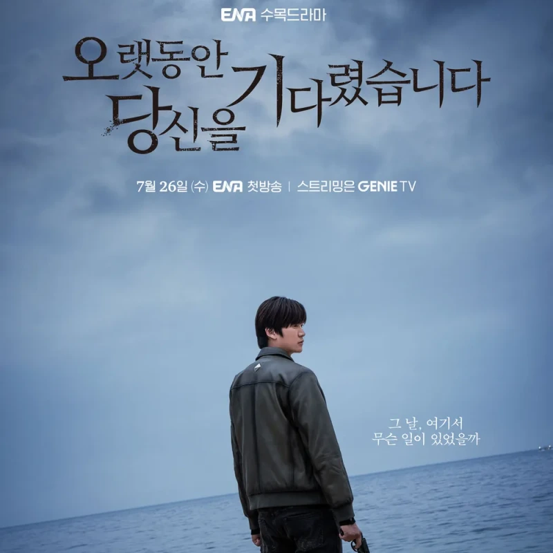 나인우가 파란 바다를 배경으로 가죽 자켓을 입고 권총을 들고 있는 오랫동안 당신을 기다렸습니다 드라마 표지