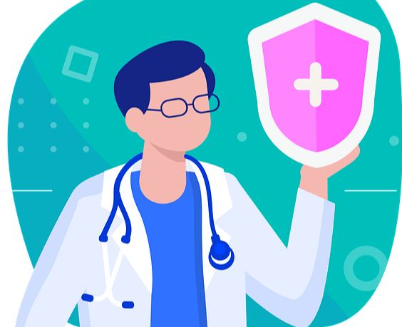 하늘색 바탕 배경앞에 안경 쓴 남자 의사가 있더. 의사는 오른 손으로 병원 마크가 새겨진 분홍색 표를 들고있다.