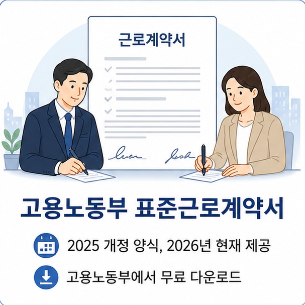 사업주와 근로자가 근로계약서를 함께 확인하는 모습을 통해 고용노동부 표준근로계약서는 주요 근로조건을 명확하게 작성하기 위한 공식 참고양식임을 보여 주는 그림