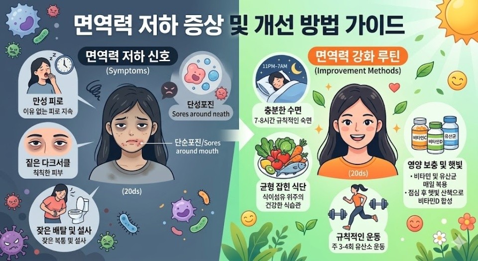면역력 저하로 인힌 증상 및 면역력 강화 방법 이미지
이미지출처: Gemini AI 생성