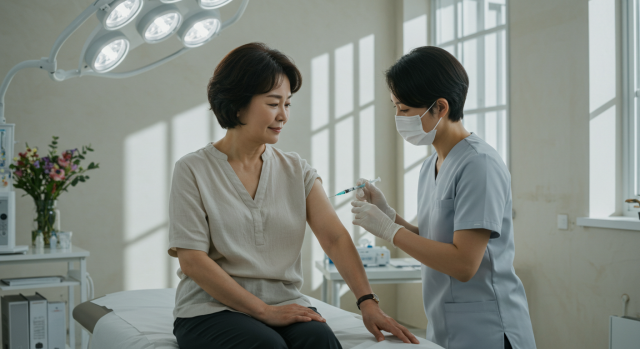 병원에서 팔에 골다공증 주사를 맞는 50대 한국 여성