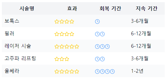 주요 시술 비교표