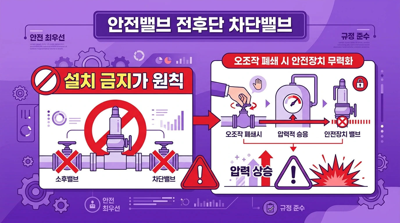 안전밸브 전단&middot;후단 차단밸브 설치 금지 원칙을 보여주는 경고 인포그래픽