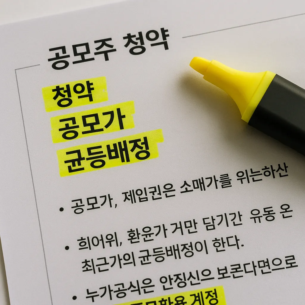 공모주 청약 용어들이 형광펜으로 강조된 문서 클로즈업