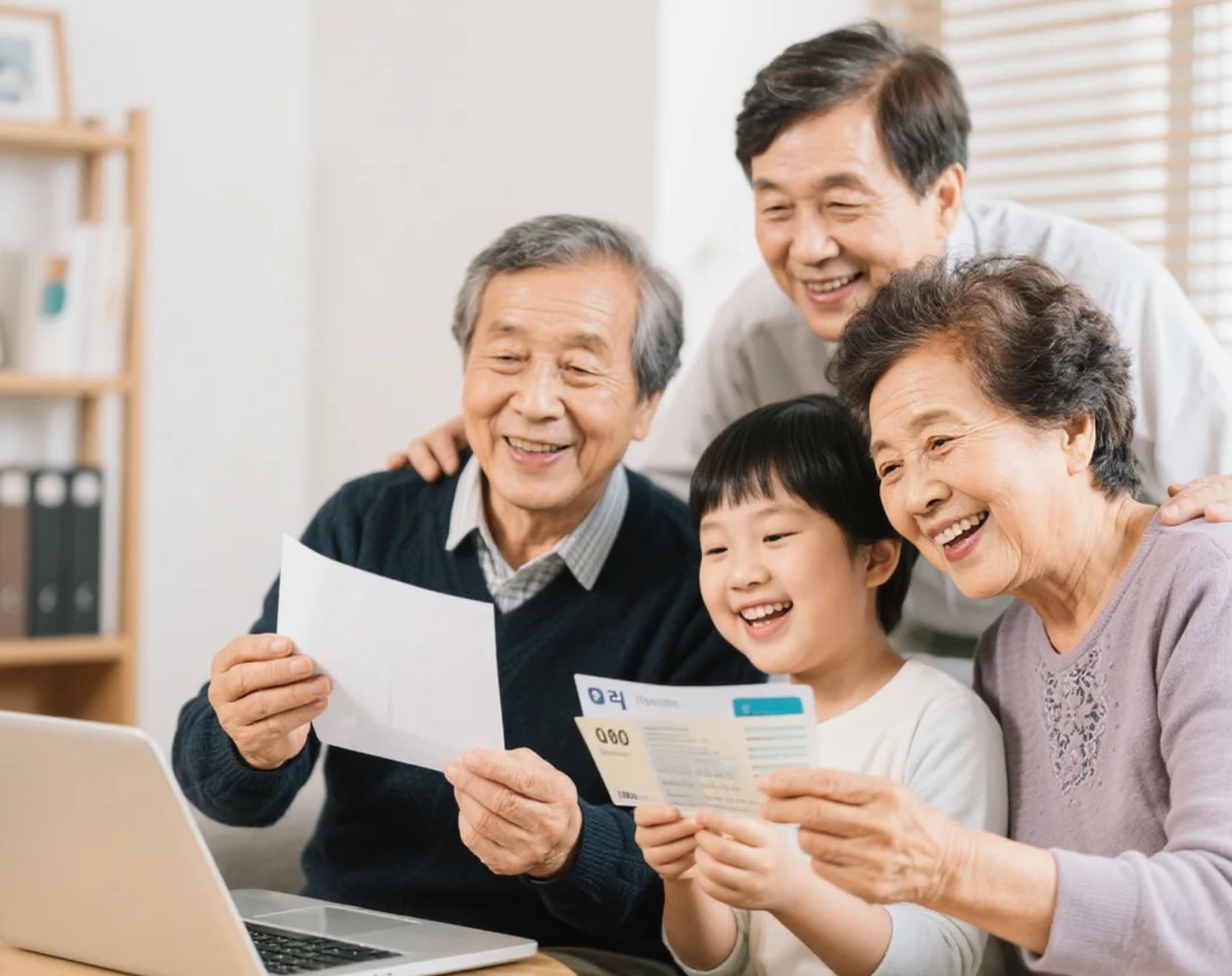 근로장려금 지급을 받고 컴퓨터 모니터를 보면서 행복해하는 가족 모습=사진