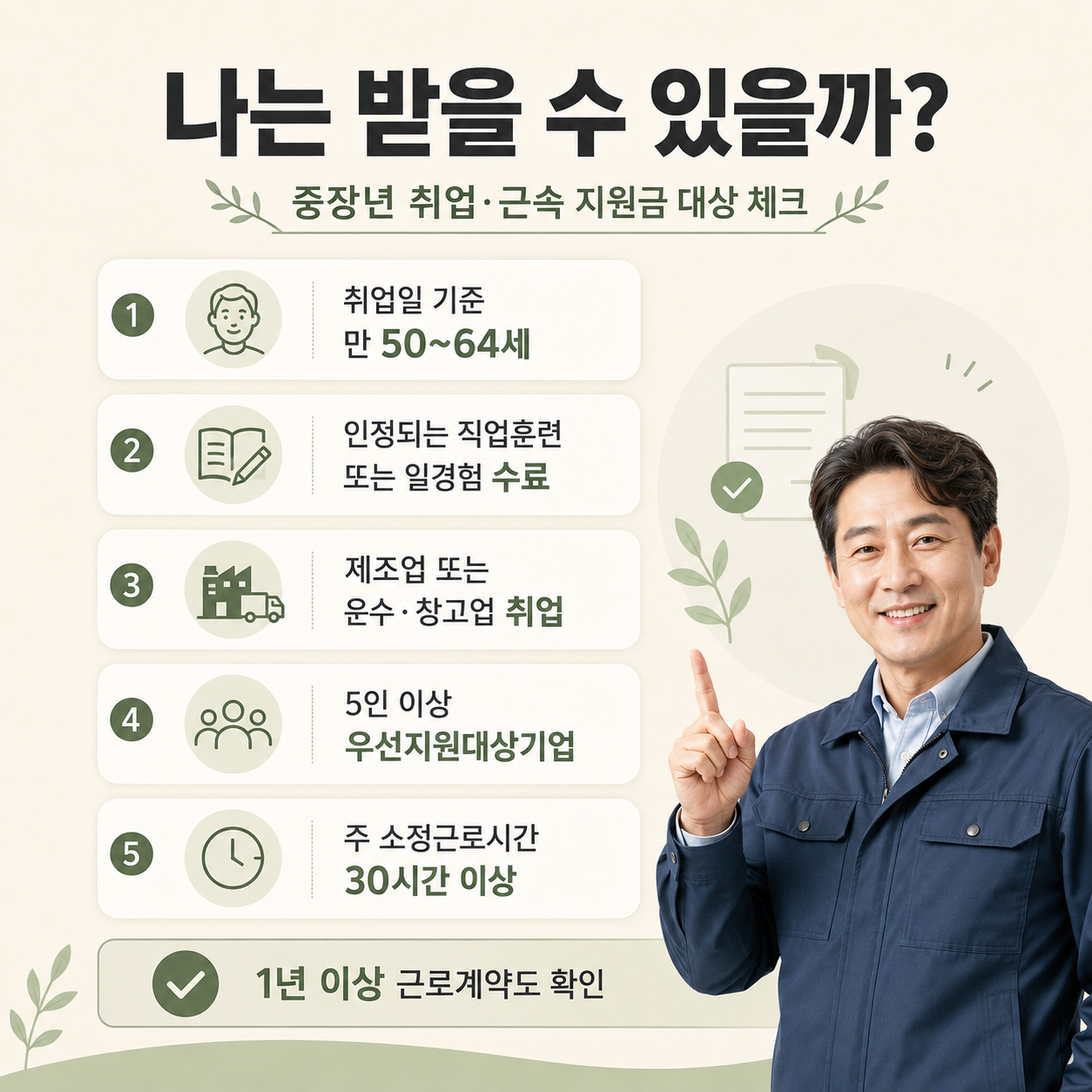 중장년 취업 근속 지원금 대상 만 50세부터 64세 조건 체크