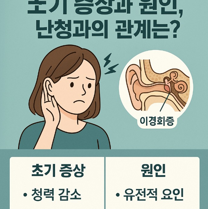귀를 만지며 불편해하는 여성 일러스트와 귀 단면 구조 그림이 있으며, 하단에는 '청력 감소'와 '유전적 요인'이라는 초기 증상 및 원인이 설명되어 있다
