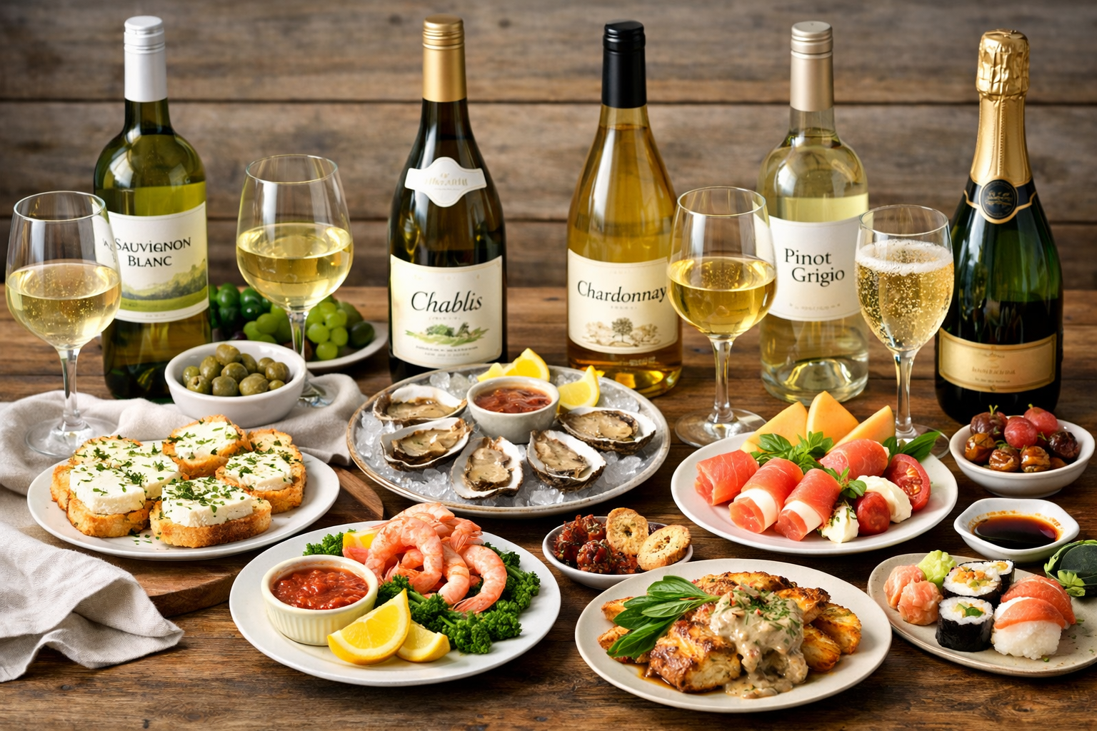 종류별 화이트 와인과 어울리는 여러가지 음식 사진