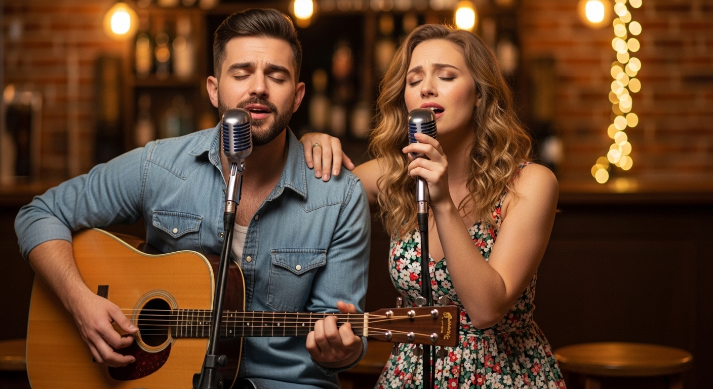 가수 Nancy Sinatra & Lee Hazlewood가 기타를 연주하며 'Summer Wine'을 부르는 모습