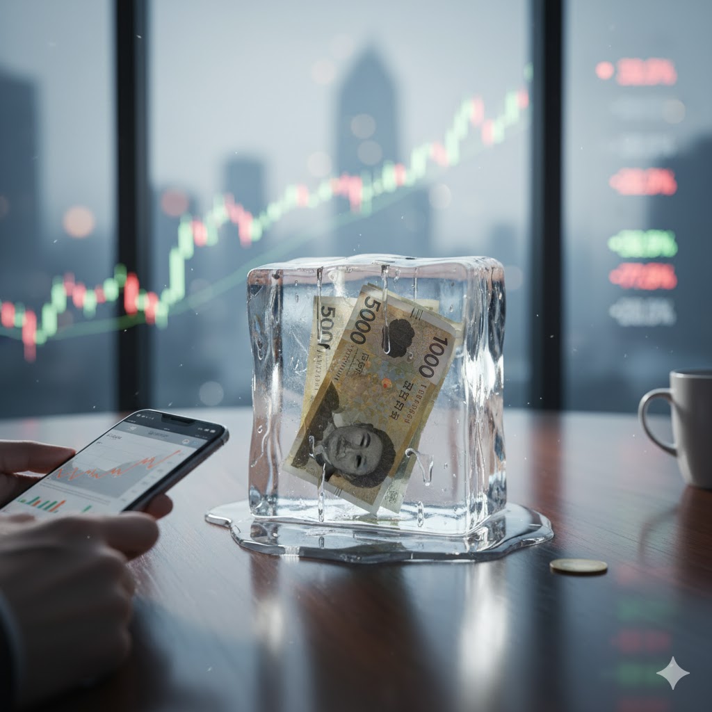 얼음 속에 갇힌 지폐가 녹아내려 물이 고여 있는 책상 위에 놓여 있고, 배경에는 도시의 스카이라인과 주식 차트가 보이는 창문이 있다. 한 손은 스마트폰으로 주식 차트를 보고 있다.
