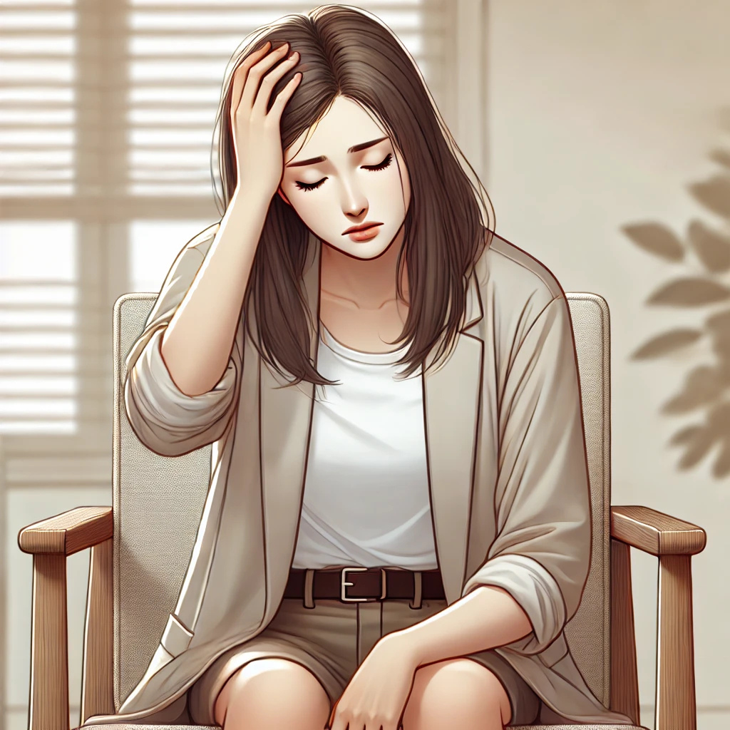 의자에 앉아 머리를 감싼 채 어지럼증을 느끼는 20~30대 여성의 모습이 잘 표현된 이미지