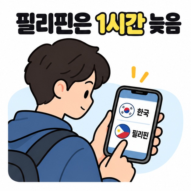 필리핀은 1시간 늦음 문구 아래 여행자가 휴대전화에 표시된 한국과 필리핀 항목을 확인하는 모습