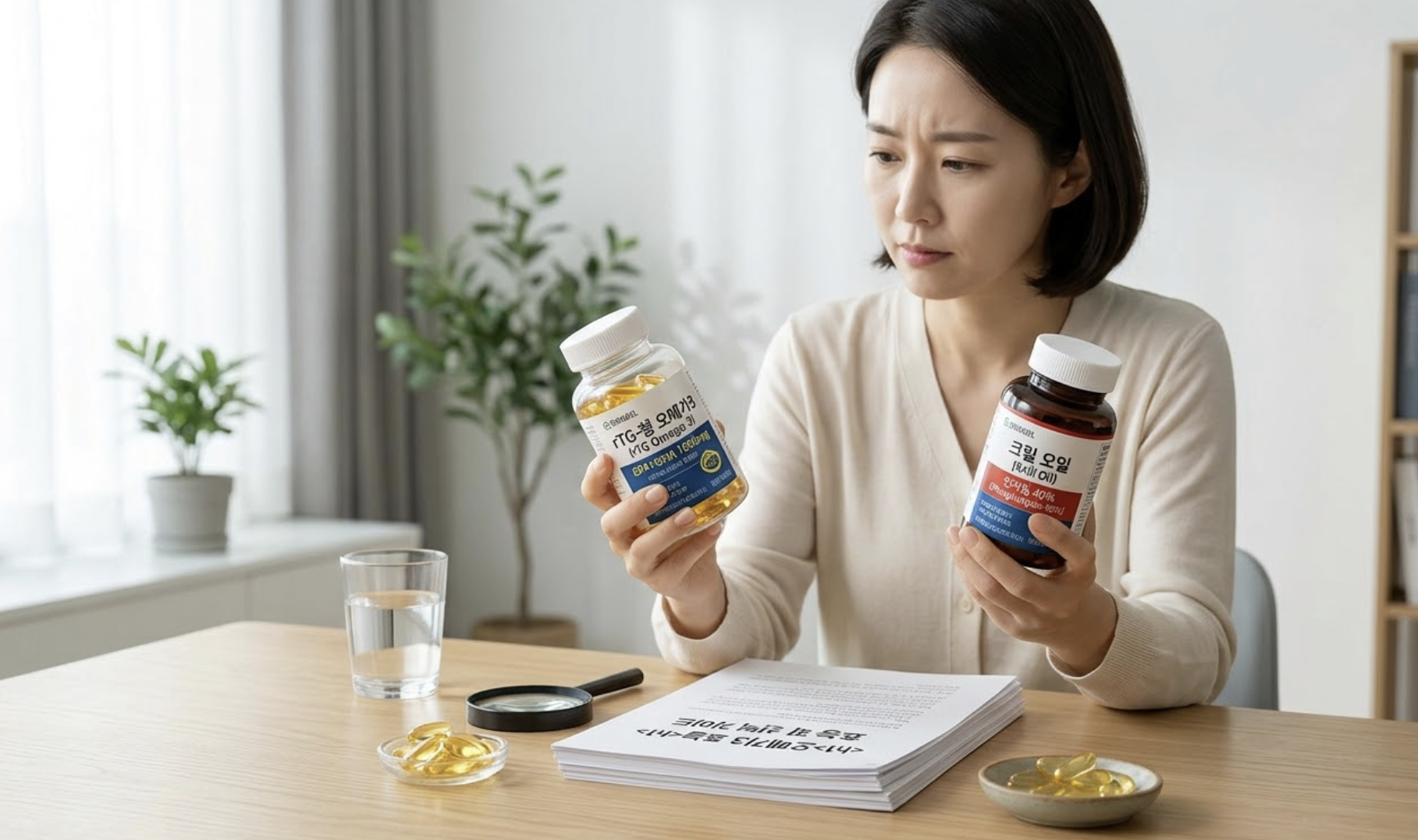 오메가3 흡수율을 위해 rTG형과 크릴오일의 성분을 꼼꼼하게 살펴보고 있는 여성