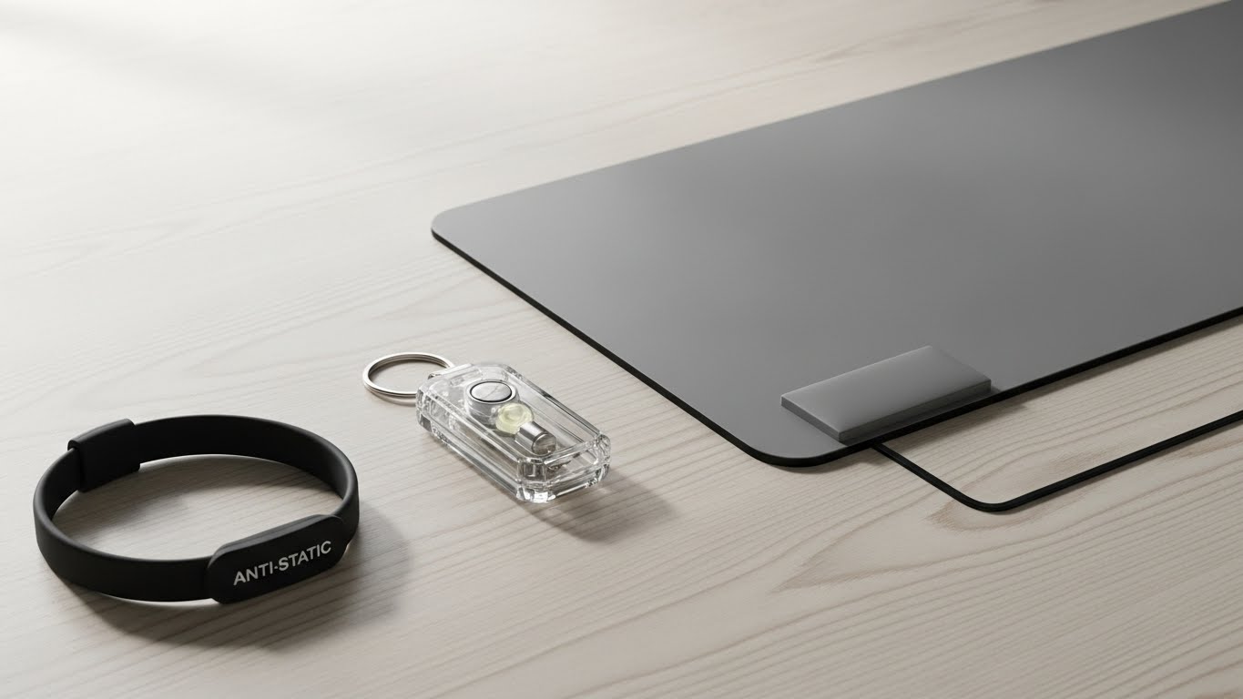 정전기 방지 팔찌, 키링, 제전 패드 3종 비교 사진