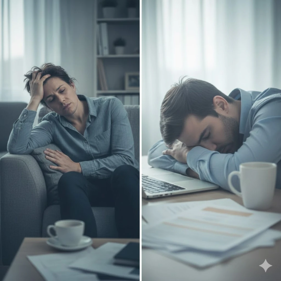 소파에 기대어 깊은 한숨을 쉬거나, 책상에 엎드려 졸고 있는 사람의 모습입니다. 주변은 일상적인 공간이지만, 인물의 표정과 자세에서 극심한 피로감이 느껴집니다. 전반적으로 차분하고 무기력한 색감을 사용합니다.