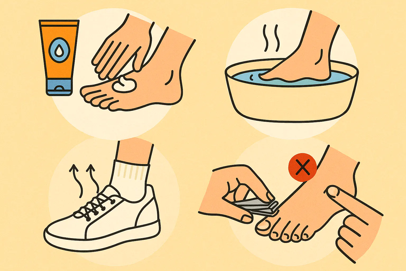 발 관리 루틴, 보습제 바르기, 미지근한 물 샤워, 통풍 잘되는 신발과 면 양말, 손톱 짧게 관리 & 긁지 않기