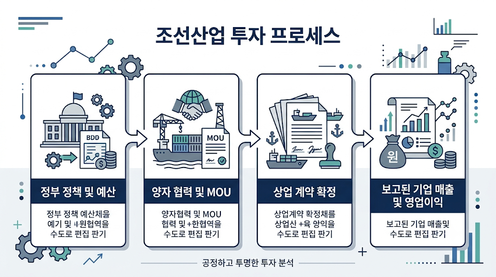 한미 조선 협력 정책이 실제 계약과 조선사 매출 및 영업이익으로 이어지는 과정을 나타낸 단계별 인포그래픽