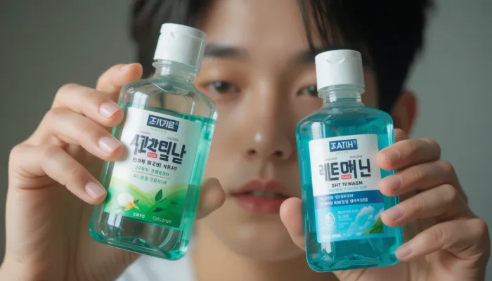 가글 추천 제품 두 가지를 비교 중인 남성의 모습