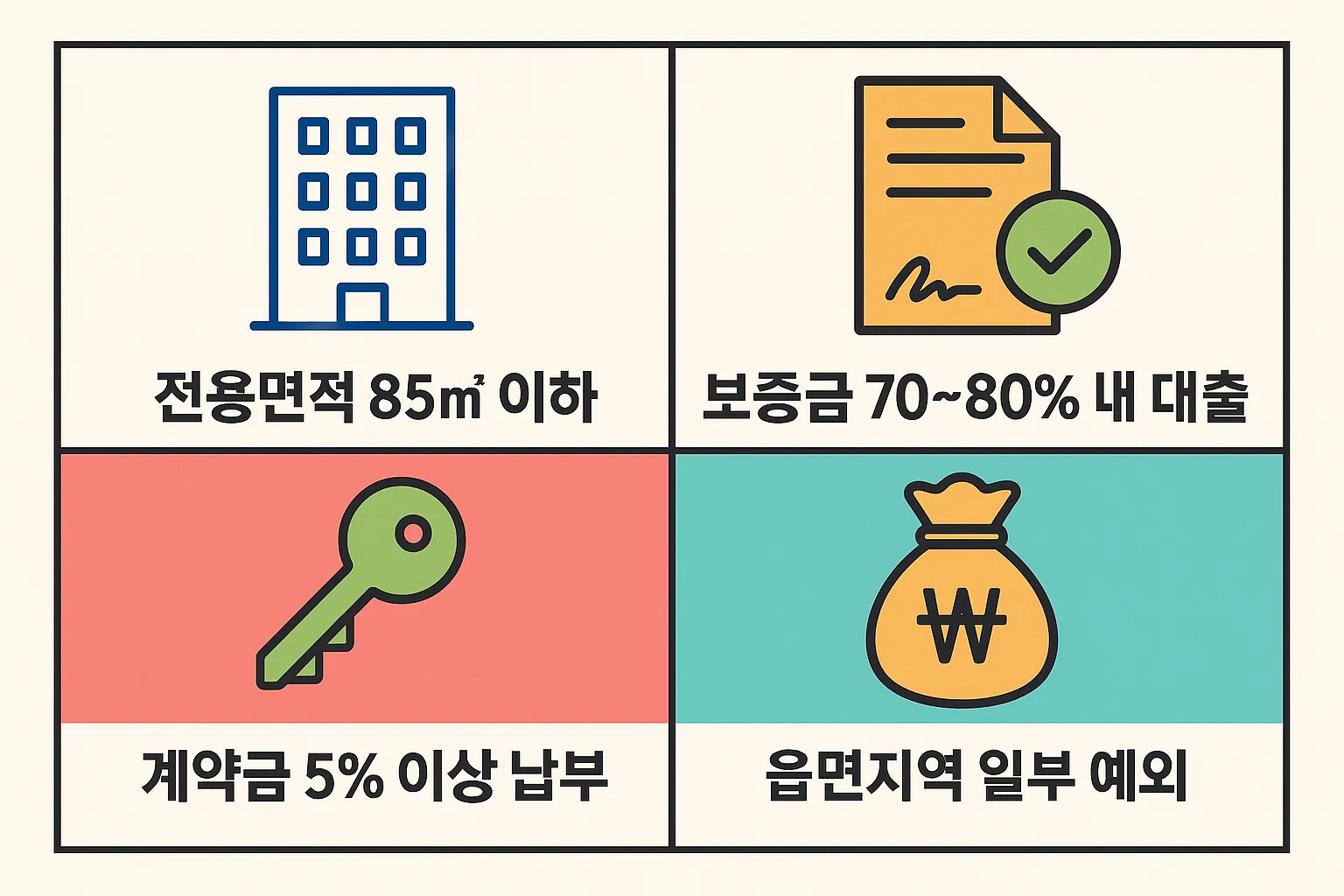 버팀목 전세자금대출 대상 주택의 조건을 설명한 인포그래픽으로, 전용면적 85㎡ 이하, 보증금의 70~80% 대출 가능, 계약금 5% 이상 납부, 읍면지역 예외 규정 등을 안내합니다.